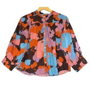 Anthropologie Porridge Tree Pattern Blouse Top Women's Medium Boxy Puff Sleeves